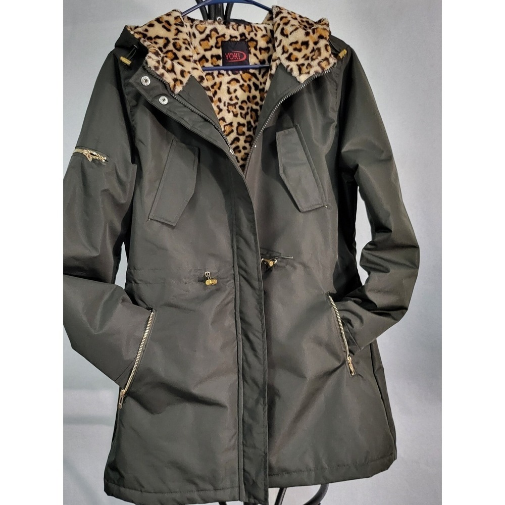 Yoki Olive Green Anorak Jacket Leopard Faux Fur Lined Hooded Drawstring